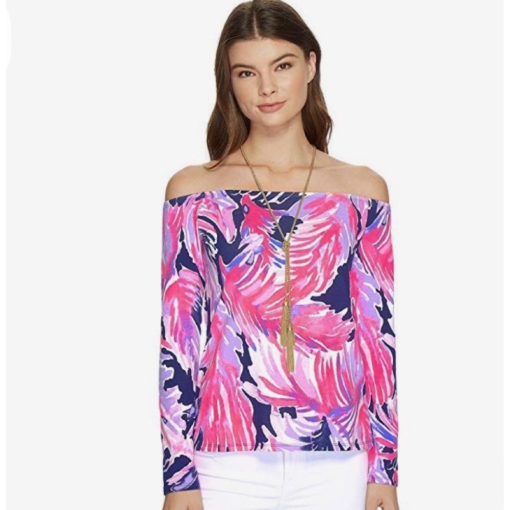 Lilly Pulitzer Off Shoulder Top Womens L Blue Pink NWOT Tropical Leaf Print